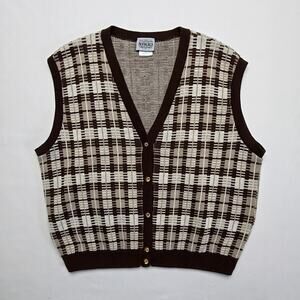 Vintage Nikki Knit Sweater Vest Brown Plaid Button Up Made in USA Womens XL